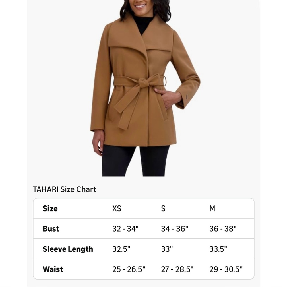 NWT Tahari Tan Camel Wide Collar Shawl Tie Belt Pea Wrap Coat Jacket Faux Wool S - Picture 13 of 15